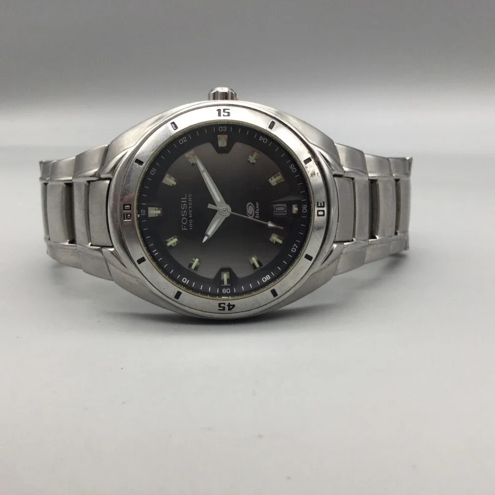 Fossil Blue AM-3752 Mens Watch 40mm Silver Dial Stainless Date New Battery 7.75